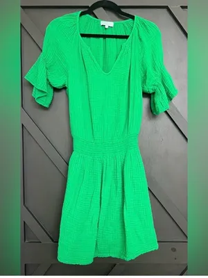 NWT Michael‎ Stars Katelyn Cotton Gauze Smocked Waist Peasant Dress Green Medium thumbnail 3