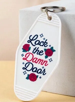 Motel NWT Lock The Damn Door White with Flowers Style Keychain Keyring, Fun Gift thumbnail 1