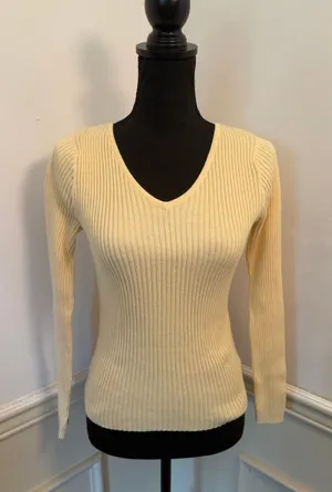 Hennes H&M Pastel Butter Yellow Ribbed Pullover V-Neck Knit Sweater Coquette thumbnail 1
