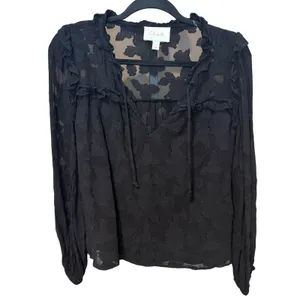 Cleobella Amara Blouse Black Floral Jacquard Ruffle Tie Neck Size XS thumbnail 2