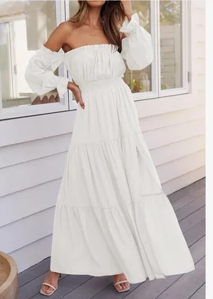 NEW Off Shoulder Long Sleeve Smocked Side Split Flowy Lined Tiered Maxi Dress M thumbnail 6