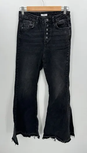 Forever‎ 21 Womens Black Denim Flare Jeans Size 28 Button Fly Festival Fringe thumbnail 1