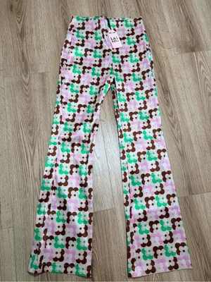 Retro Flower Power Flared Pants Pink Green Brown Daisy Print Y2K 70s S thumbnail 1