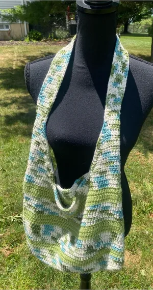 Hand-Crocheted Shoulder Bag Green Blue Cream Sling Purse Boho Hobo Market thumbnail 1
