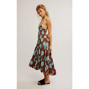 Free People Bohemian Beachy Hawaiian Adriel Midi Dress Brown Blue Floral Size XL thumbnail 11