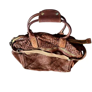 Bruno Magli Brown Woven Leather Duffle Satchel Travel Bag Made Italy Y2K thumbnail 7