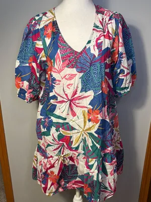 SUNDRY Tropical Floral Print Short Sleeve Ruffle‎ Hem cotton Dress Size S thumbnail 1