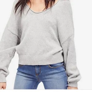Free people heather grey v neck drop sleeve oversized knit jumper sweater thumbnail 1