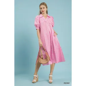 Umgee Striped Puff Sleeve Midi Dress - Peony - Small‎ thumbnail 4