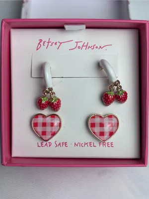 Betsey Johnson Strawberry Hoops & Gingham Heart Earrings Set New In Box thumbnail 2