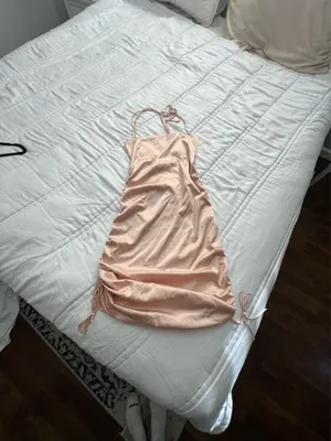 Leau Cabo gold satin adjustable strappy rouched mini dress M NWT thumbnail 4