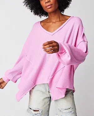 Free People We The Free Coraline Thermal Top Pink Waffle Knit Oversized XS thumbnail 1