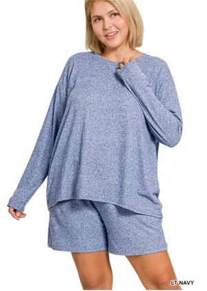 NEW! Plus Size LT Navy Plus soft melange long sleeve tee & shorts set Size 2X thumbnail 1