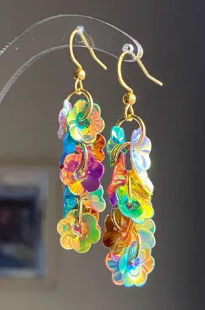 Handmade fairy cute funky unique style flower sequins dangle earrings🌈🌼 thumbnail 1