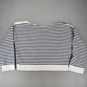 Sezane Leontine Sweater Women M Ecru Navy Striped Cotton Shoulder Button Knit thumbnail 4