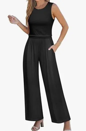 NEW Black Sleeveless Pockets Zipper Back Wide leg Jumpsuit XL thumbnail 1