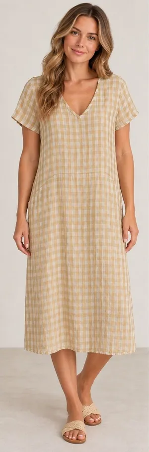 Flax 100% Linen Beige Tan Gingham Midi Dress Coastal Lagenlook Womens Small thumbnail 1