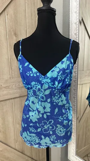 Vintage 90s Blue Floral Mesh Camisole Top - Lettuce Trim - XL thumbnail 1
