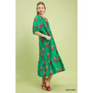 Umgee Floral Print Midi Dress - Green - Small thumbnail 2