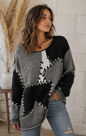 Willow Ridge Black Gray Patchwork Stitch Oversized Grandma Core Sweater Size M thumbnail 1