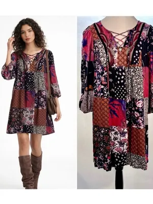 ONE SEPTEMBER Anthro Arcata Patchwork Beaded Lace Up Swing Dress Sz Small💛 thumbnail 2