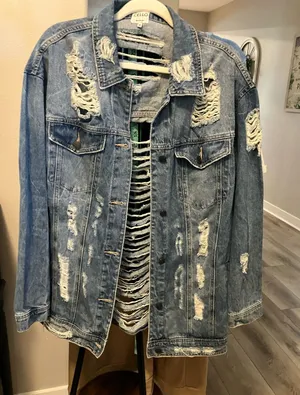 Cello Light Blue Distressed shredded Oversized Jean Jacket thumbnail 1