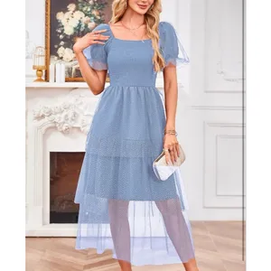 NEW Blue Smocked Tulle Polka Dots Poof Sleeves Midi Dress XL thumbnail 6