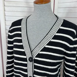 Bagatelle Collection Striped V Neck Cardigan‎ Sweater Black White Small thumbnail 5