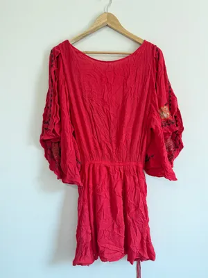 Free People Cora Embroidered Mini Dress Size Large Red Floral Boho Beach thumbnail 7