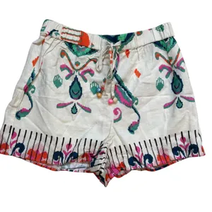 Zara Linen Print Shorts Boho Pom Pom‎ Drawstring Waist Casual Summer XS thumbnail 3