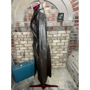 leather trench coat brown double breasted Vintage 1970s sz 7 thumbnail 8