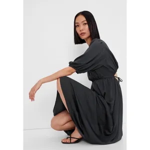 Gap Womens Black Satin Open Back V-Neck Puff Sleeve Maxi Dress Tie‎ Back thumbnail 4