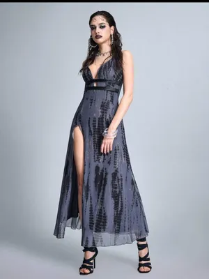 Sleek Gray Grunge Goth Plunge Maxi Dress with High Slit New thumbnail 5