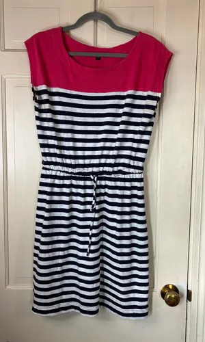 Gap Pink Navy White Striped T-Shirt Dress Drawstring Waist Nautical Size M thumbnail 1