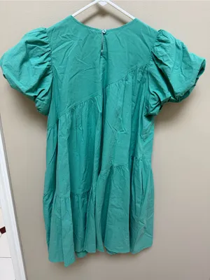Puff-Sleeve Casual Dress in Teal Green thumbnail 3