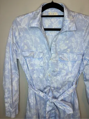 Roller Rabbit Blue White Toile Bird Floral Belted Shirt Dress Size S thumbnail 5