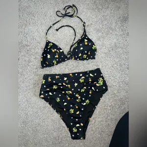 PINK bikini swimsuit size small orange lemon print high waist string top thumbnail 6