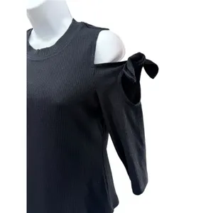 Rebecca Taylor Black Cold Shoulder Ribbed Knit Top Tie Sleeve Open Shoulder NWT thumbnail 2