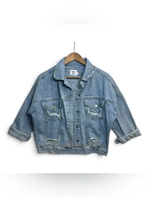 Princess Polly S/M Oversized Distressed Denim Jacket Light Wash Raw Hem thumbnail 3