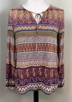 Crosby Mixed Print Long Sleeve Rayon Peasant Blouse Medium Purple thumbnail 1