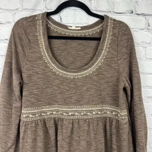 Easel Boho Brown Embroidered‎ Tiered Mini Dress Long Sleeve Babydoll Size Medium thumbnail 4