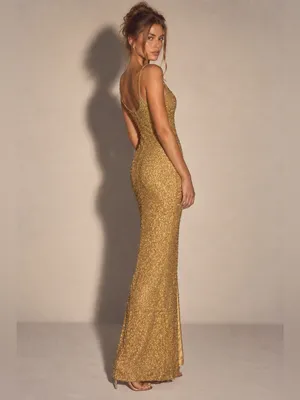 Vintage 90s Sean Collection Silk Beaded Evening Gown – Gold – L thumbnail 2