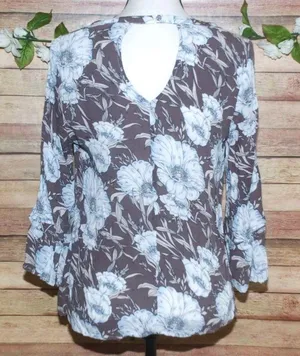 Miss Me Brown Blue Floral Blouse Size S Open Cross Front Keyhole Back 3/4 Sleeve thumbnail 6