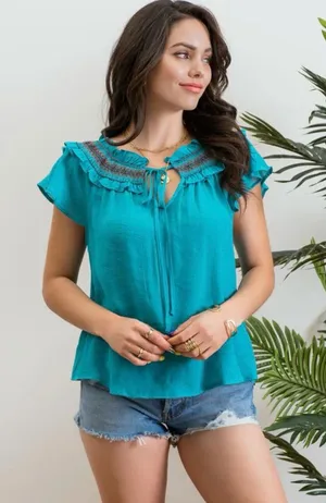 Blu Pepper Teal Ruffle Yoke Tie-Neck Women's Top thumbnail 1