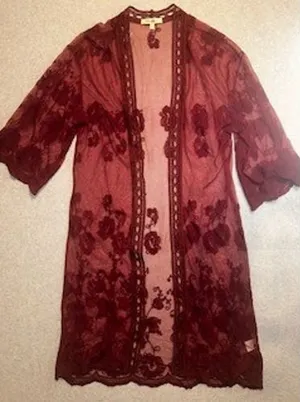 Wishful Park Burgundy Floral Embroidered Sheer Mesh Lace Trim Cardigan Large thumbnail 1
