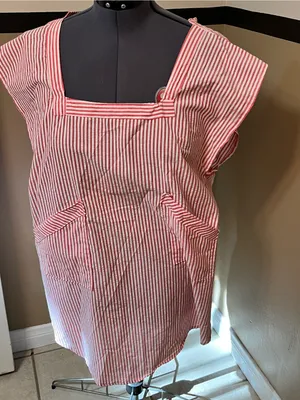 VTG country cottage-core Full apron Bib Seersucker Handmade Red White Stripe Tie thumbnail 1