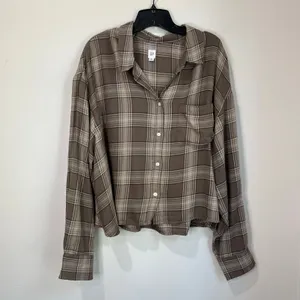 GAP Brown Plaid Cropped Flannel Button Down Shirt XXL Soft Casual‎ Fall thumbnail 2