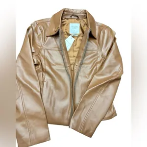 Abercrombie Fitch Vegan Leather Moto Jacket Women Medium Tan Camel NWT thumbnail 2