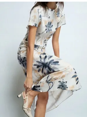 SHEIN White Maxi Dress with Blue Floral and Tan Accents thumbnail 2
