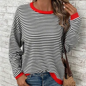 2282 | Narural Nautical Striped Cotton Knit Sweater Navy White Red Women L thumbnail 1